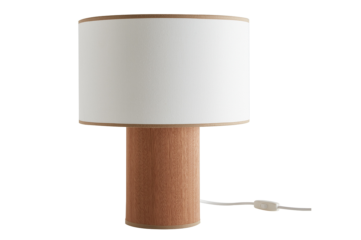 Lampada da tavolo con paralume in cotone color sabbia e base in foglio di mogano H36 cm SOLAR