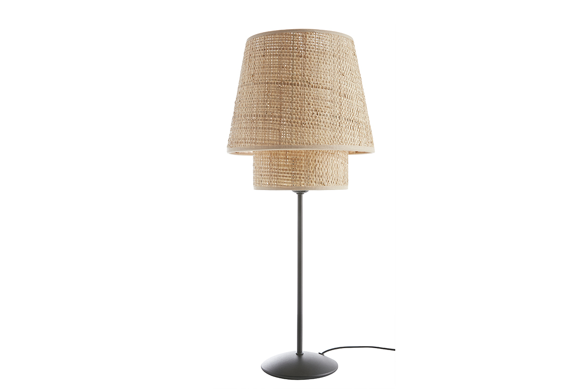 Lampada da tavolo design in fibra di rafia e metallo nero H52 cm JUME