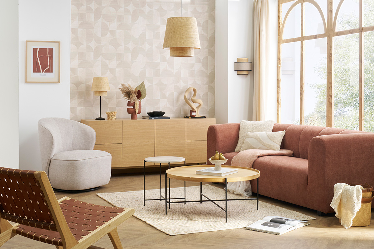 Lampada da tavolo design in fibra di rafia e metallo nero H52 cm JUME