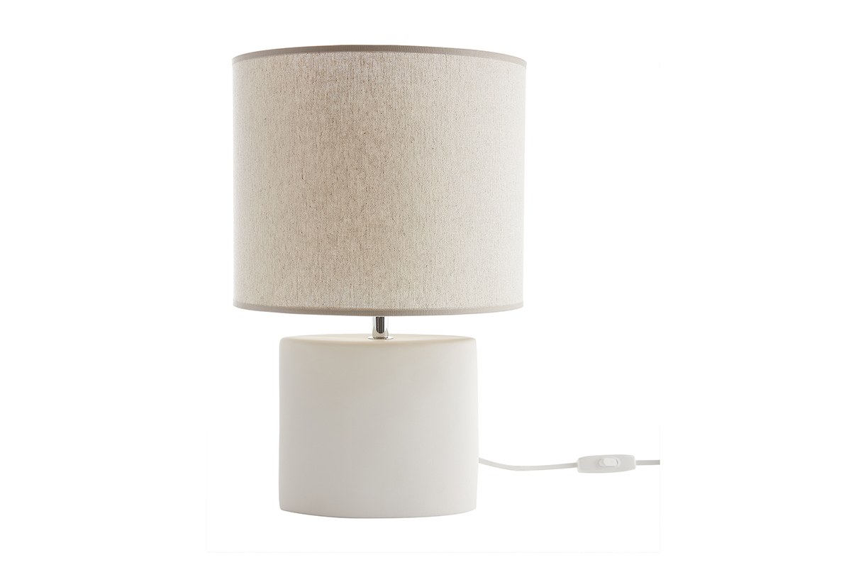 Lampada da tavolo in ceramica bianco opaco e paralume in lino naturale TIGA