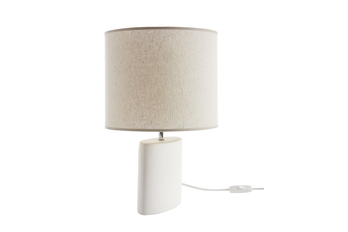 Lampada da tavolo in ceramica bianco opaco e paralume in lino naturale TIGA