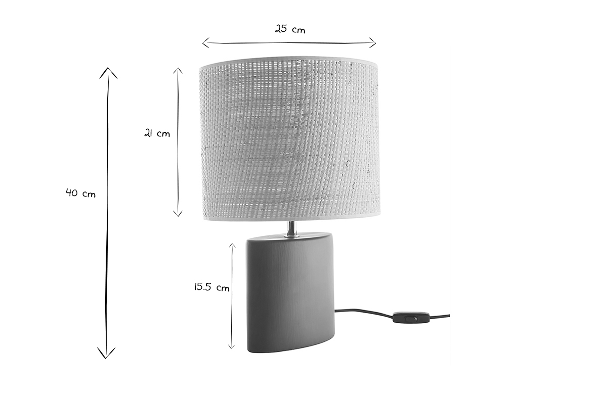 Lampada da tavolo in ceramica blu petrolio opaco e paralume in rafia naturale H40 m TIGA