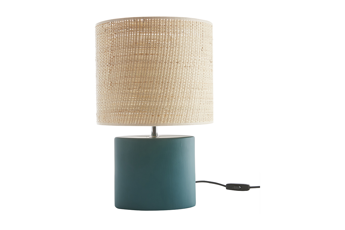 Lampada da tavolo in ceramica blu petrolio opaco e paralume in rafia naturale H40 m TIGA