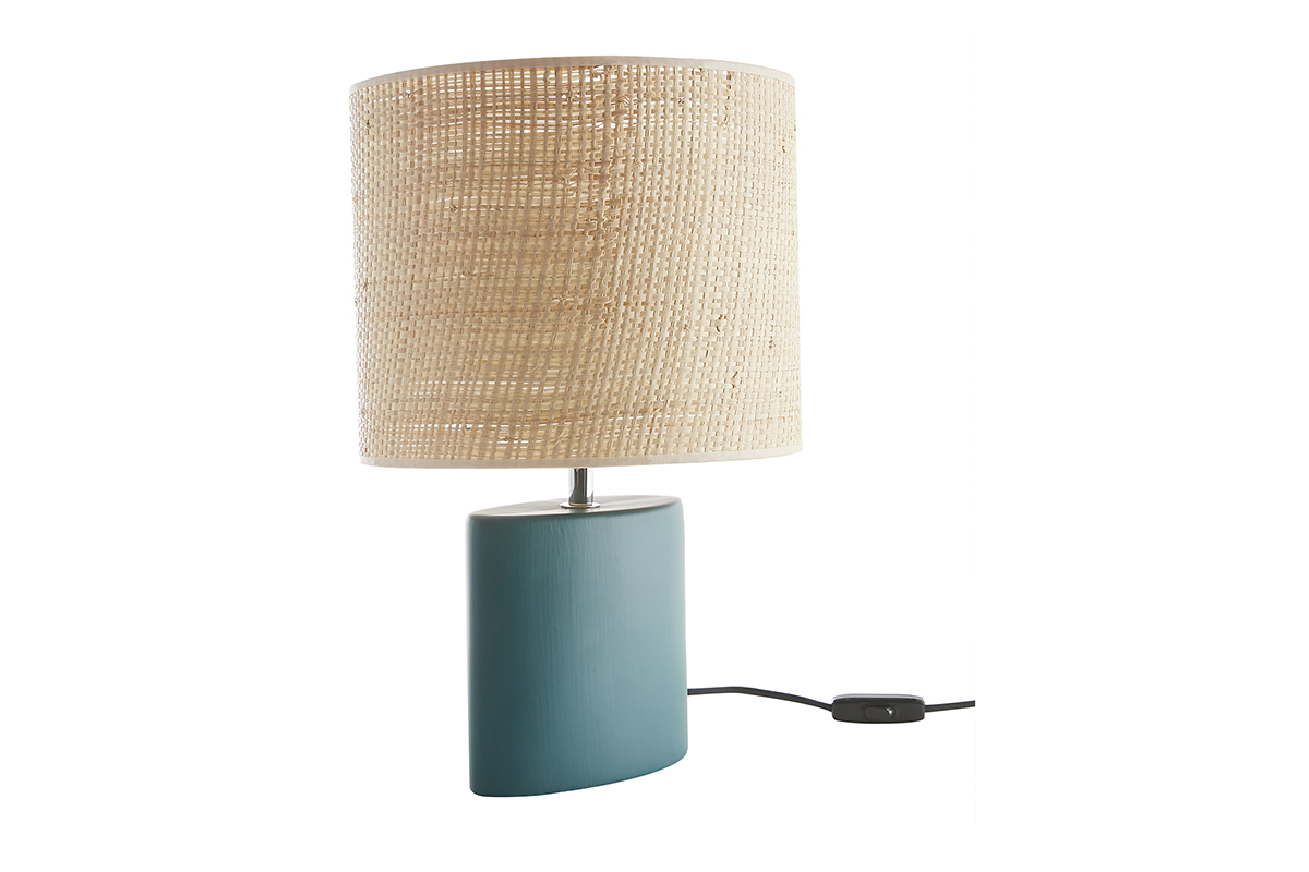 Lampada da tavolo in ceramica blu petrolio opaco e paralume in rafia naturale H40 m TIGA