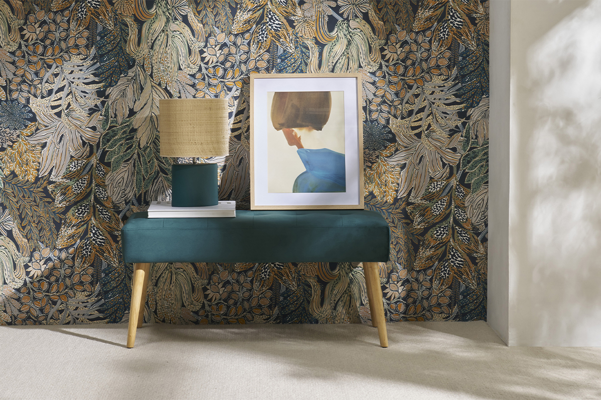 Lampada da tavolo in ceramica blu petrolio opaco e paralume in rafia naturale H40 m TIGA