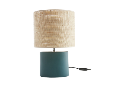 Lampada da tavolo in ceramica blu petrolio opaco e paralume in rafia naturale H40 m TIGA