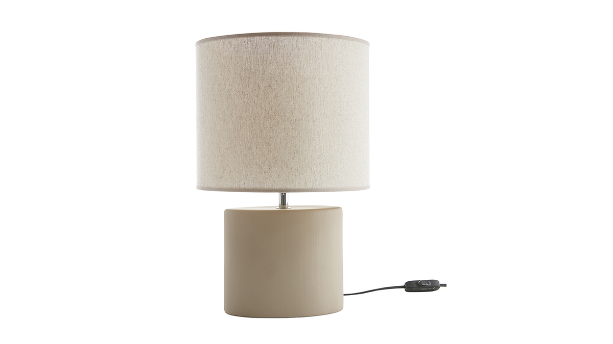 Lampada da tavolo in ceramica color talpa opaco e paralume in lino naturale TIGA