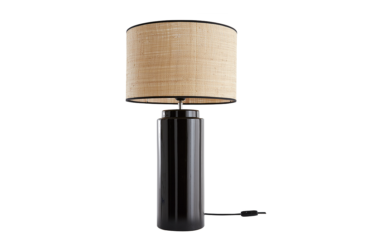 Lampada da tavolo in ceramica smaltata nero e paralume in rafia MAJES
