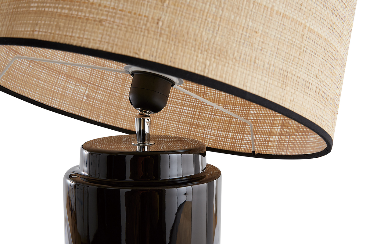 Lampada da tavolo in ceramica smaltata nero e paralume in rafia MAJES