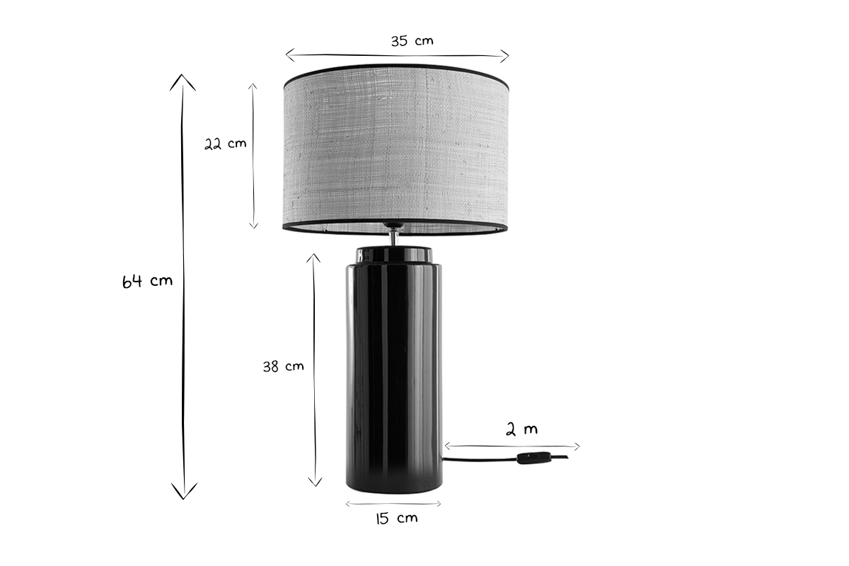 Lampada da tavolo in ceramica smaltata nero e paralume in rafia MAJES
