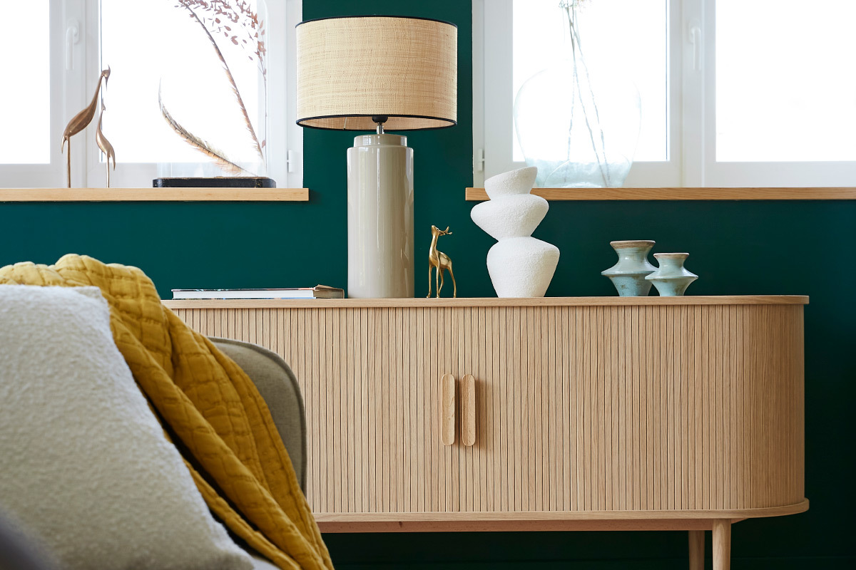 Lampada da tavolo in ceramica smaltata talpa e paralume in rafia MAJES
