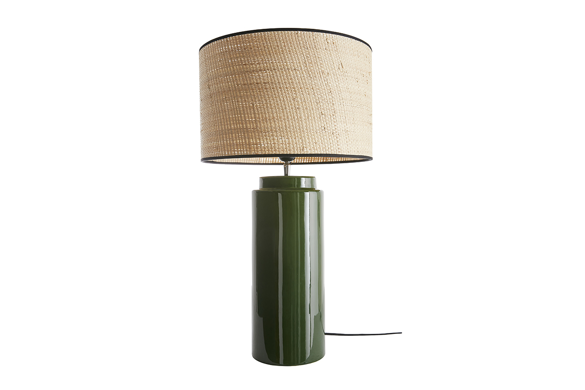 Lampada da tavolo in ceramica smaltata verde e paralume in rafia naturale H64 cm MAJES