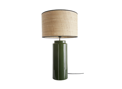 Lampada da tavolo in ceramica smaltata verde e paralume in rafia naturale H64 cm MAJES