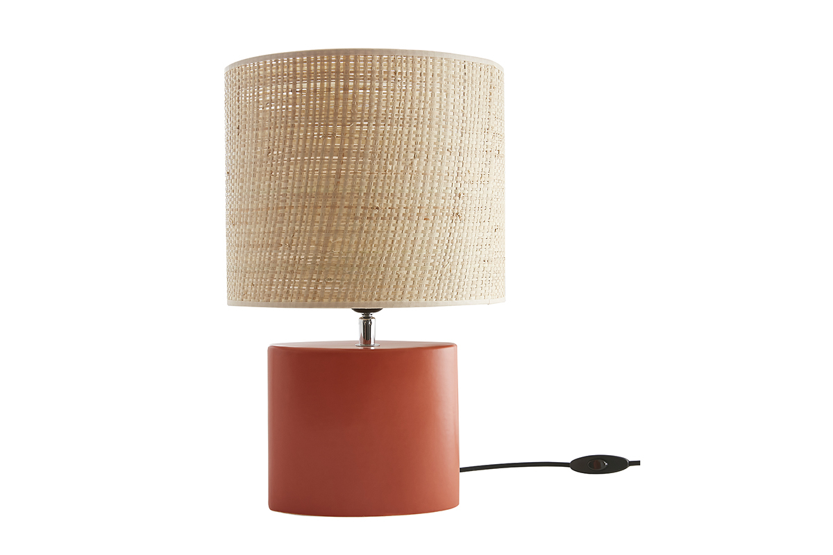 Lampada da tavolo in ceramica terracotta opaco e paralume in rafia naturale H40 m TIGA