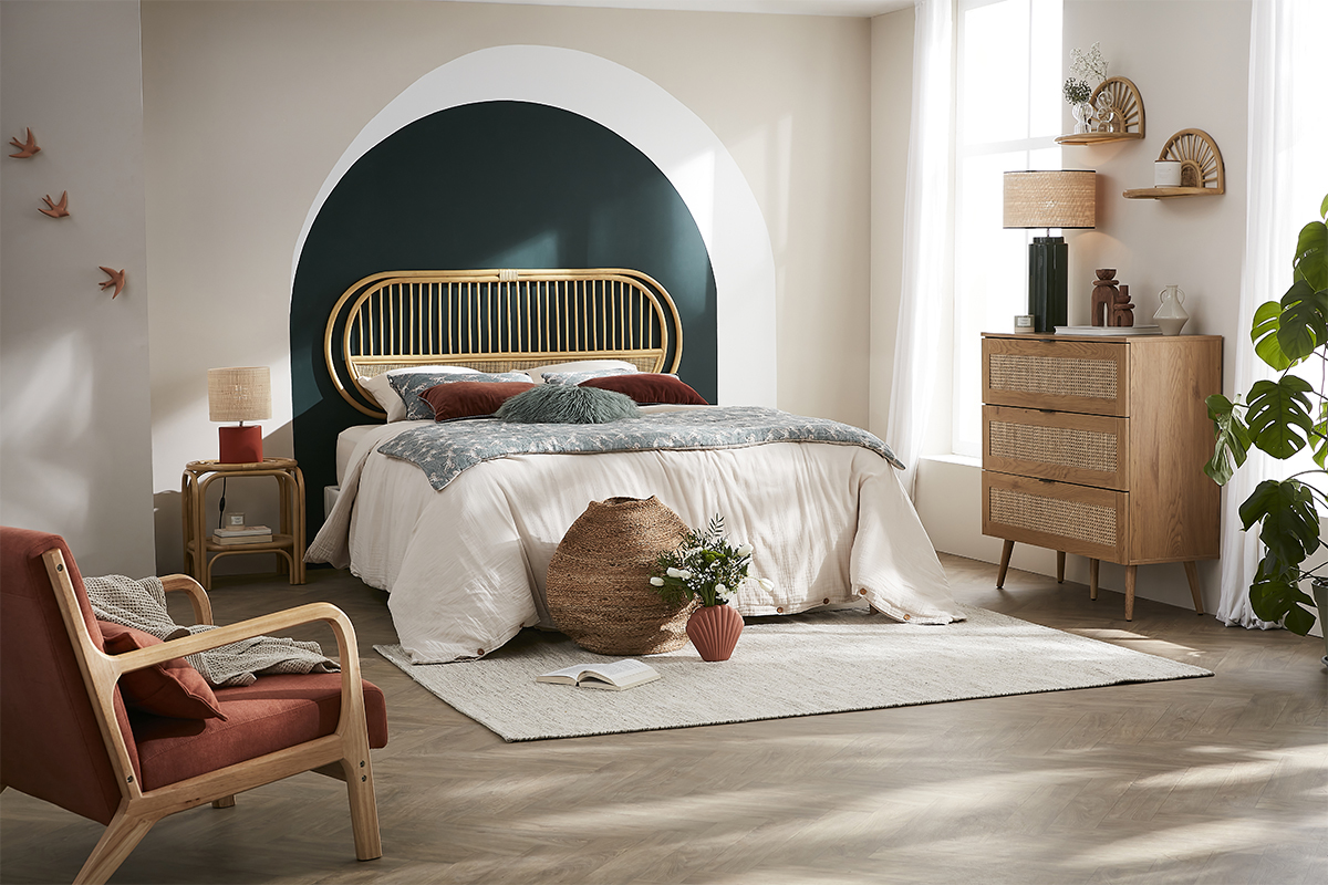 Lampada da tavolo in ceramica terracotta opaco e paralume in rafia naturale H40 m TIGA
