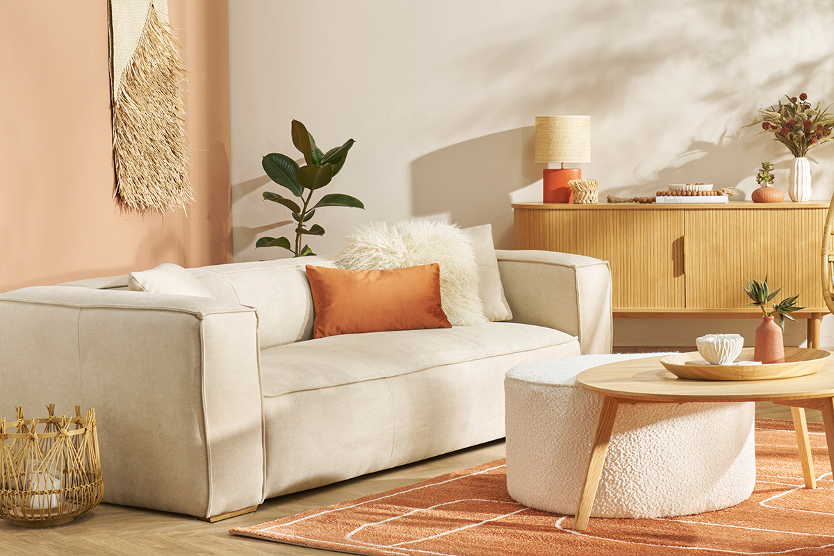 Lampada da tavolo in ceramica terracotta opaco e paralume in rafia naturale H40 m TIGA