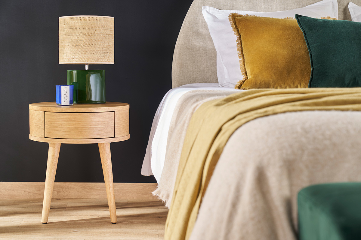 Lampada da tavolo in ceramica verde scuro e paralume in rafia naturale H40 cm TIGA