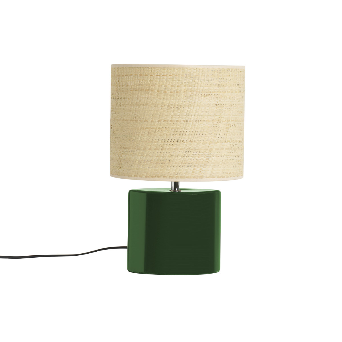 Lampada da tavolo in ceramica verde scuro e paralume in rafia naturale H40 cm TIGA