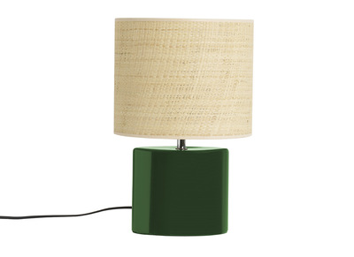 Lampada da tavolo in ceramica verde scuro e paralume in rafia naturale H40 cm TIGA