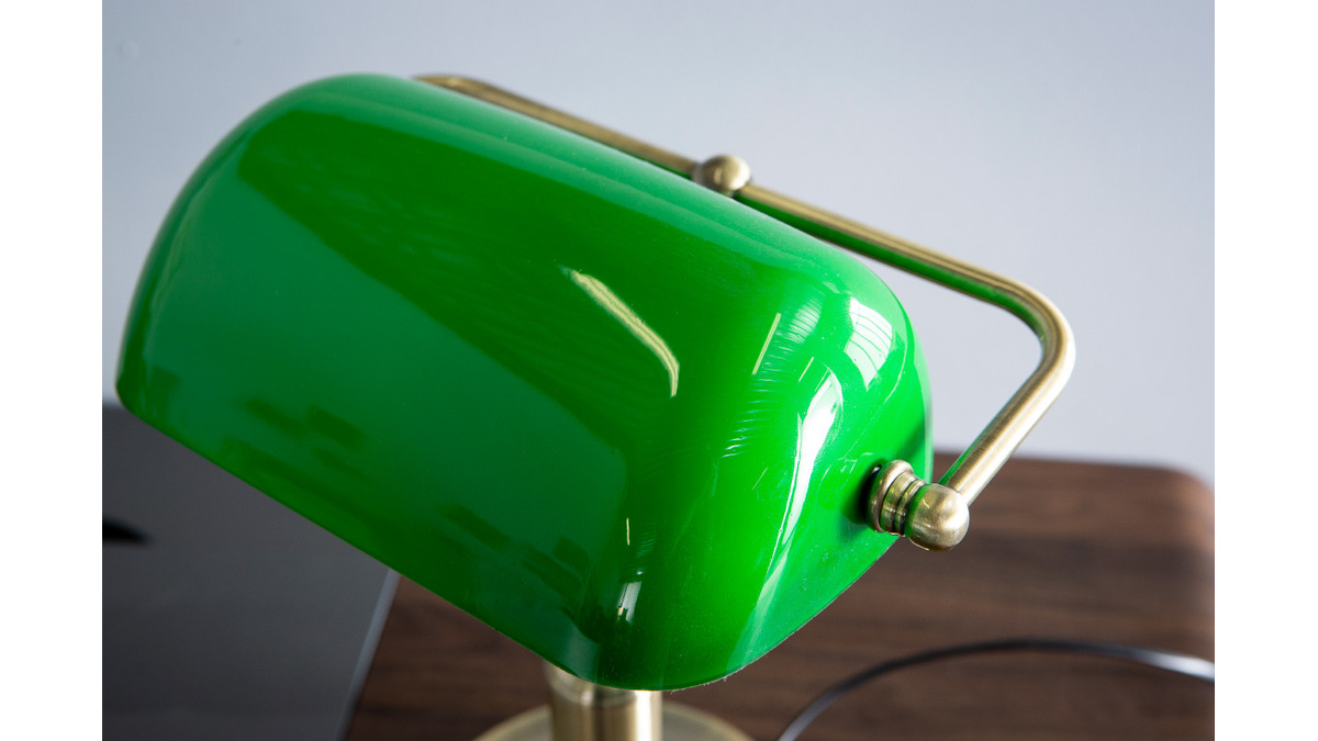 Lampada da tavolo, in metallo, ottone, e vetro laccato, colore: Verde, modello: SCRITTO