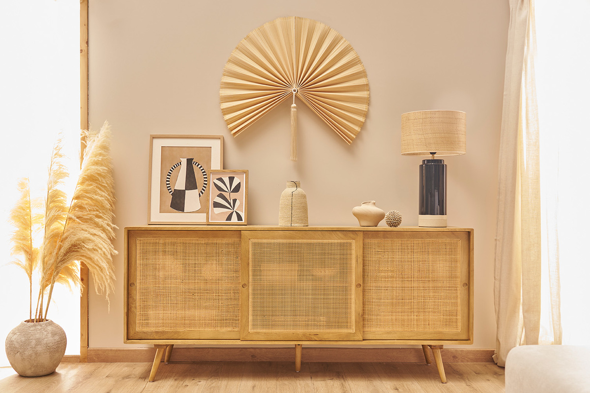 Lampada da tavolo nera in ceramica e paralume in rattan H64 cm MAJES