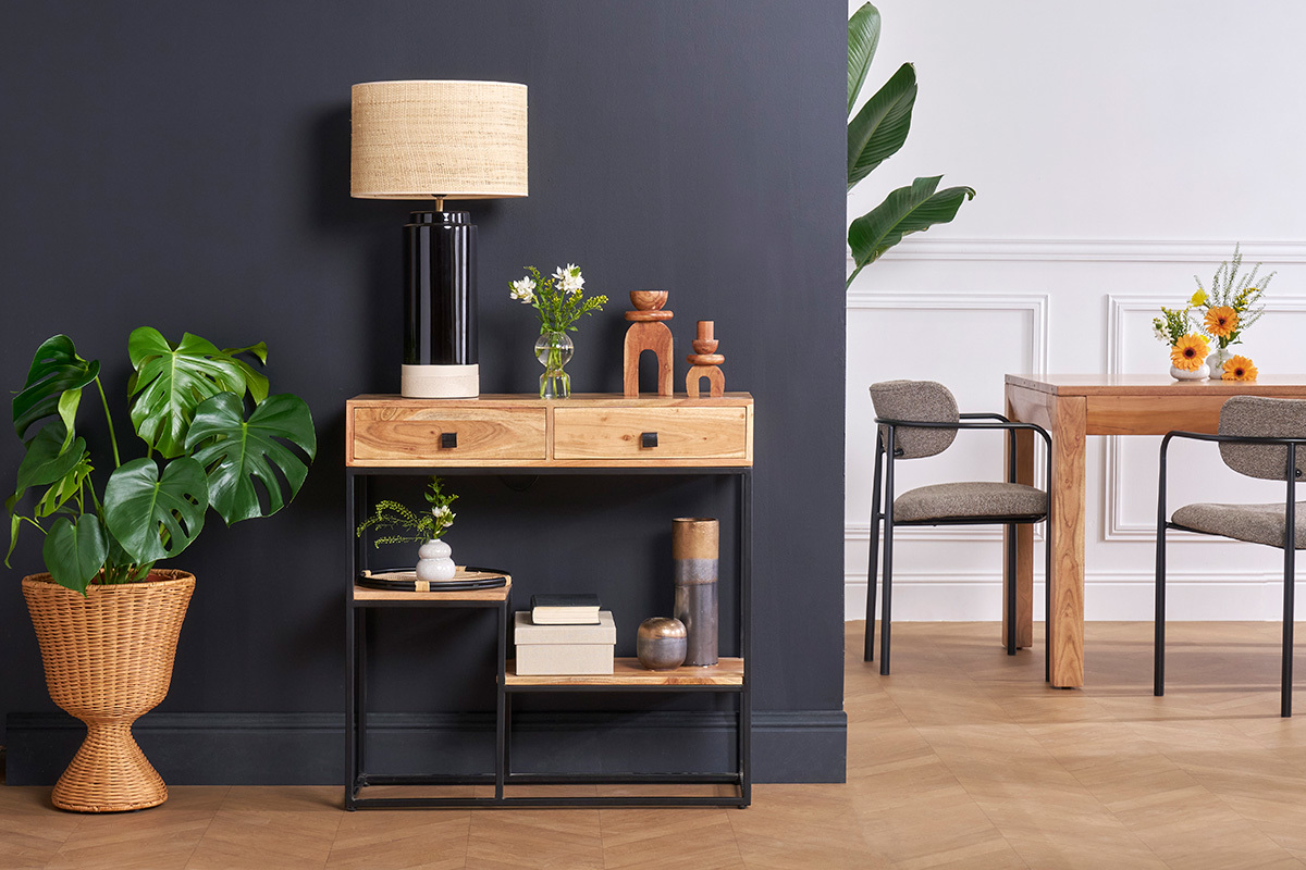 Lampada da tavolo nera in ceramica e paralume in rattan H64 cm MAJES