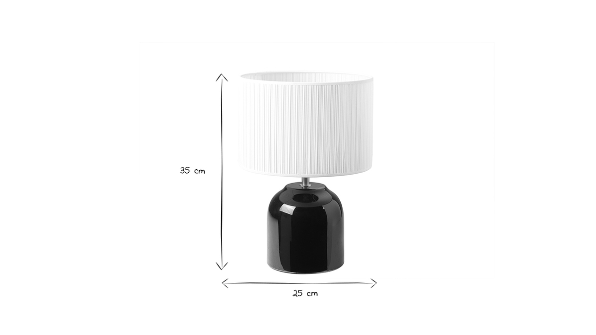 Lampada da tavolo nera in ceramica lucida e paralume in tessuto plissettato bianco H35 cm PIEGA