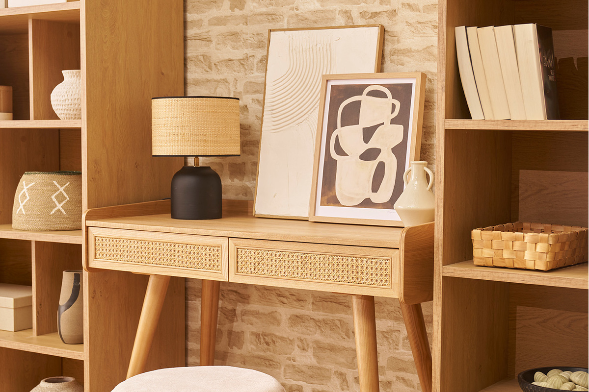 Lampada da tavolo nera in ceramica opaca e paralume in rafia H35 cm ROCHA