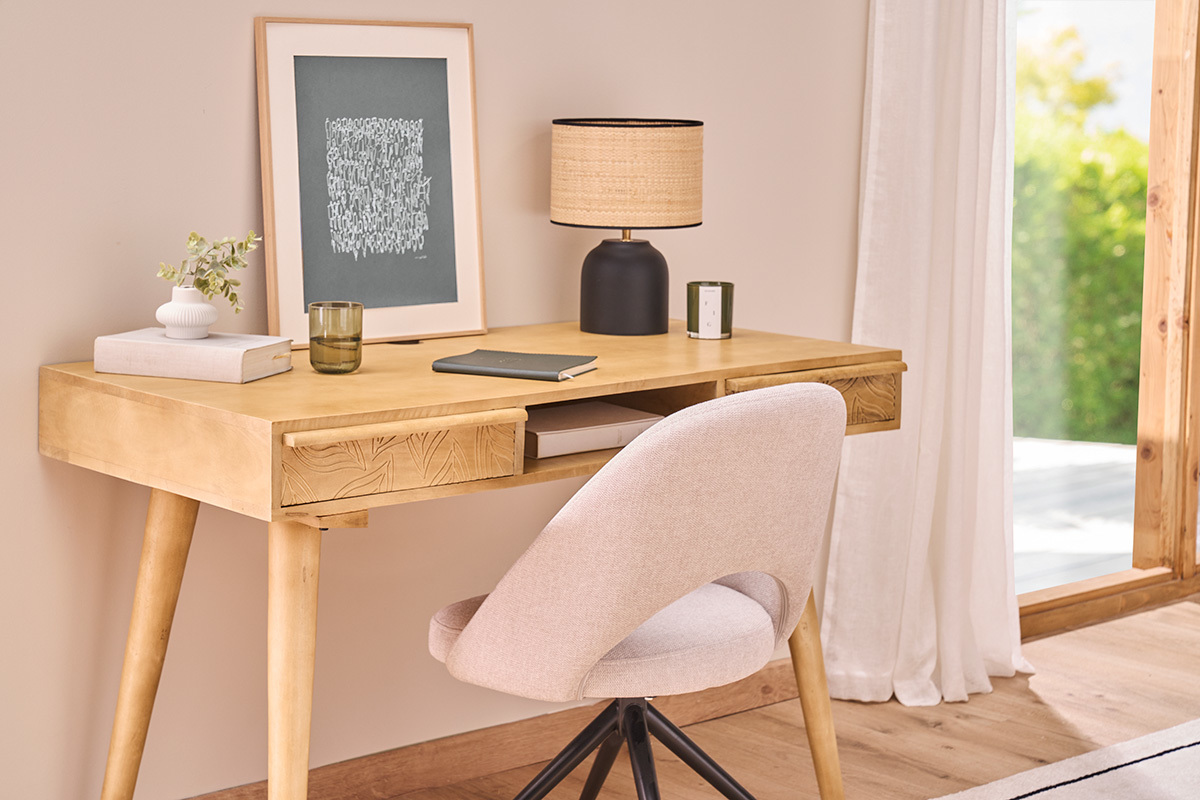 Lampada da tavolo nera in ceramica opaca e paralume in rafia H35 cm ROCHA