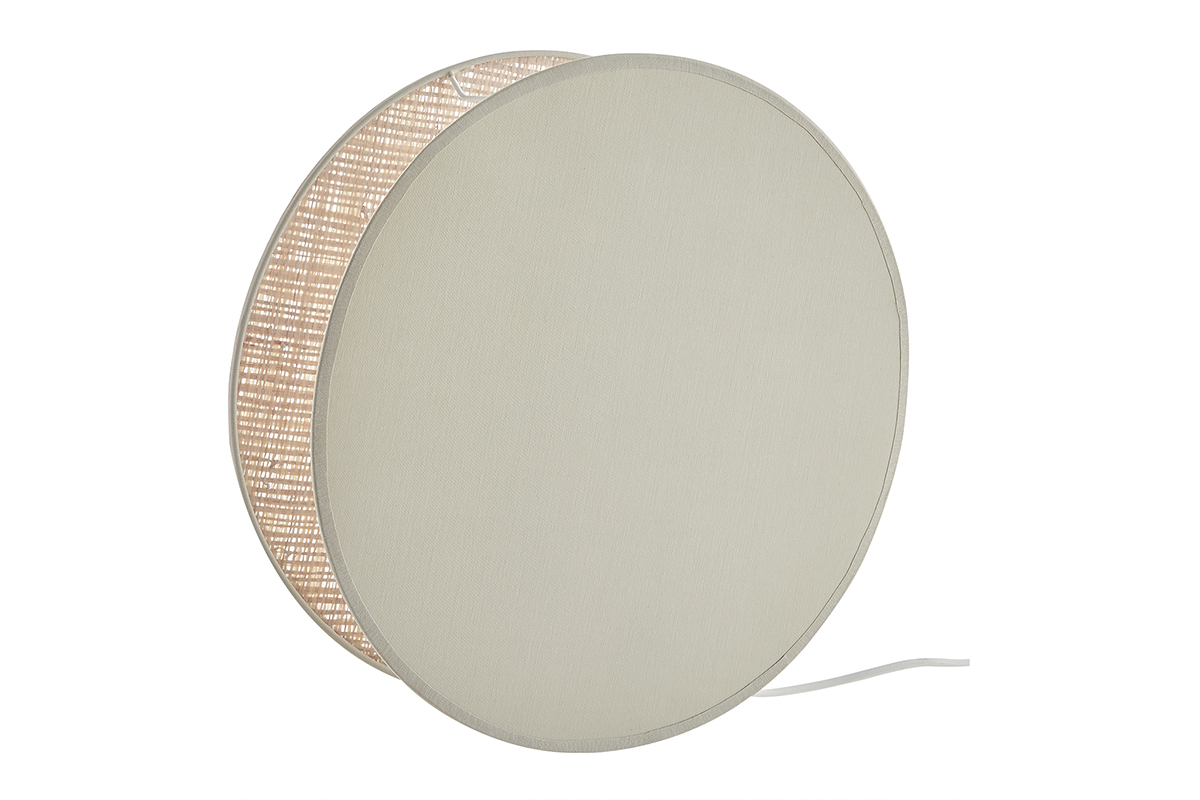 Lampada da tavolo rotonda bi-materiale in tessuto verde salvia e fibra di rafia naturale D35 cm VERSO