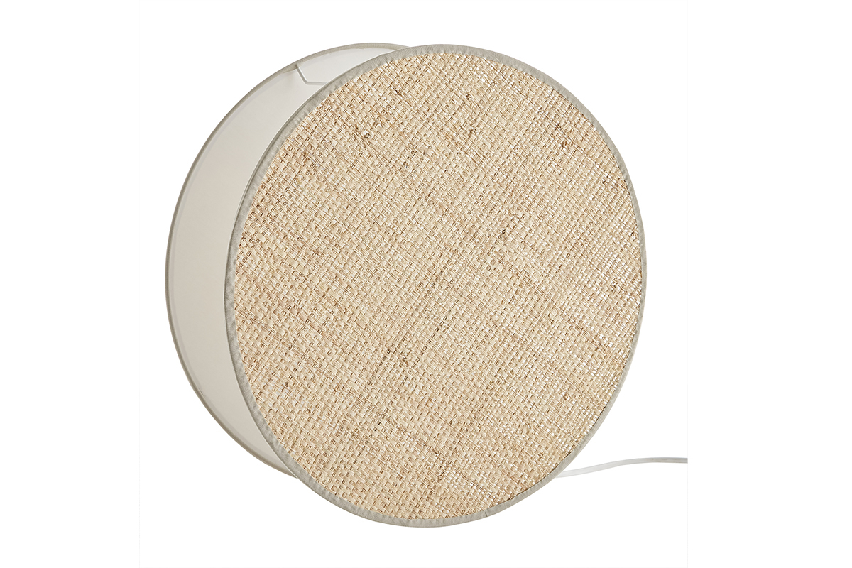 Lampada da tavolo rotonda bi-materiale in tessuto verde salvia e fibra di rafia naturale D35 cm VERSO