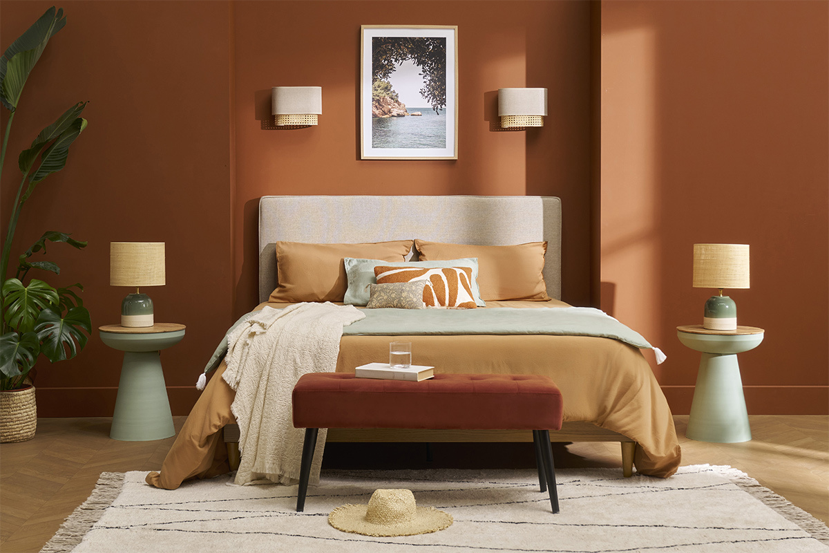 Lampada da tavolo verde in ceramica con paralume in rattan H35 cm PIEGA