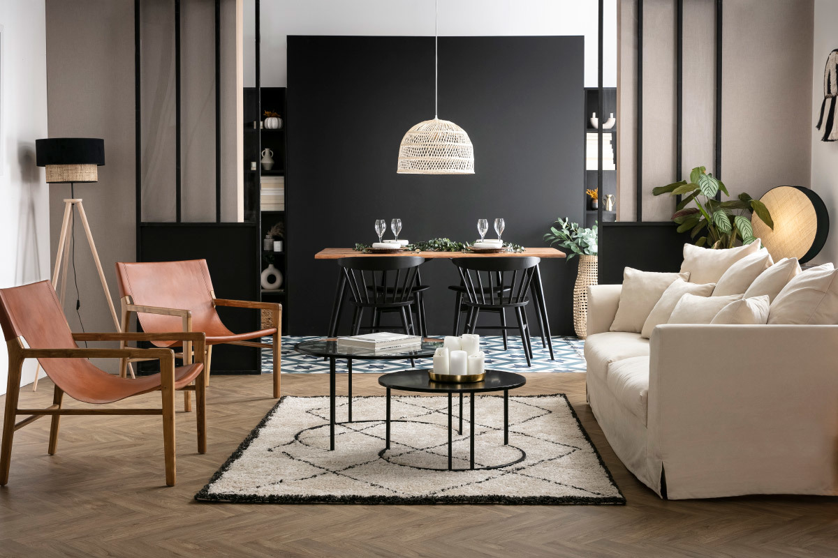 Lampada da terra bi-materiale juta e velluto nero D40 cm CHILL