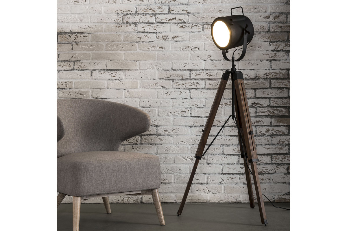Lampada industriale treppiede legno e metallo nero STUDIO