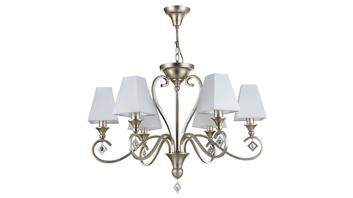 Lampadario di design, 6 lampade, in metallo, colore: Platino e in tessuto, colore: Bianco, modello: ANITA