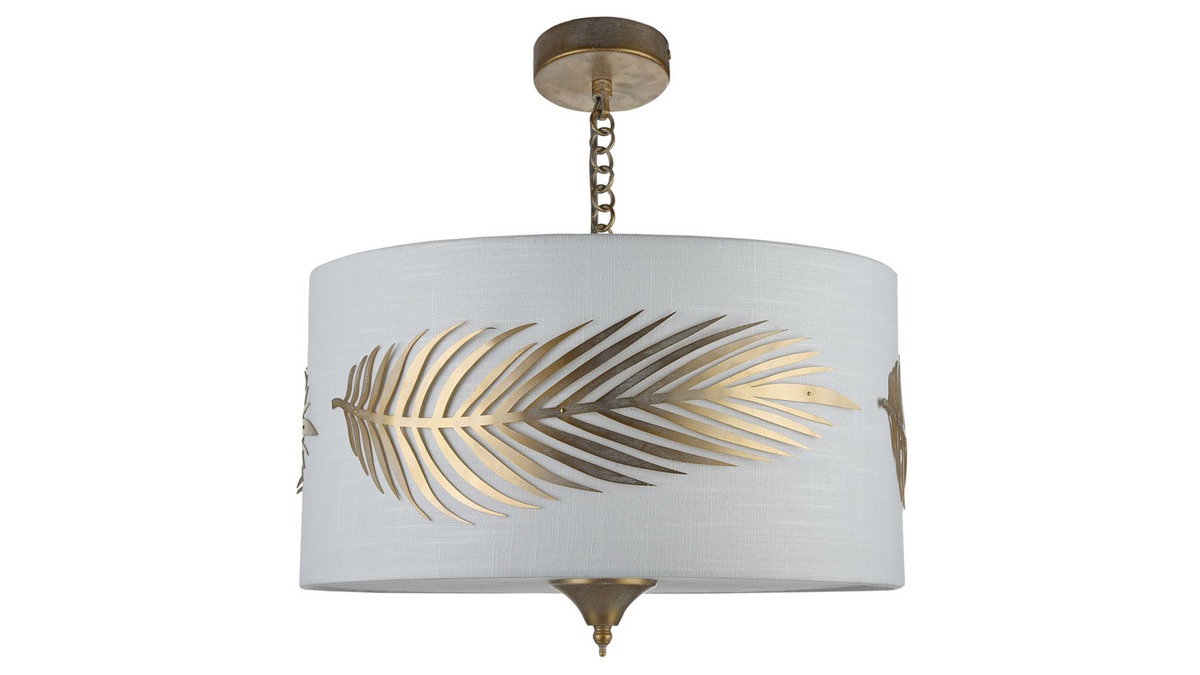 Lampadario di design, colore: Bianco, con decorazione fogliame dorato, dimensioni: 40 cm, modello: FARN