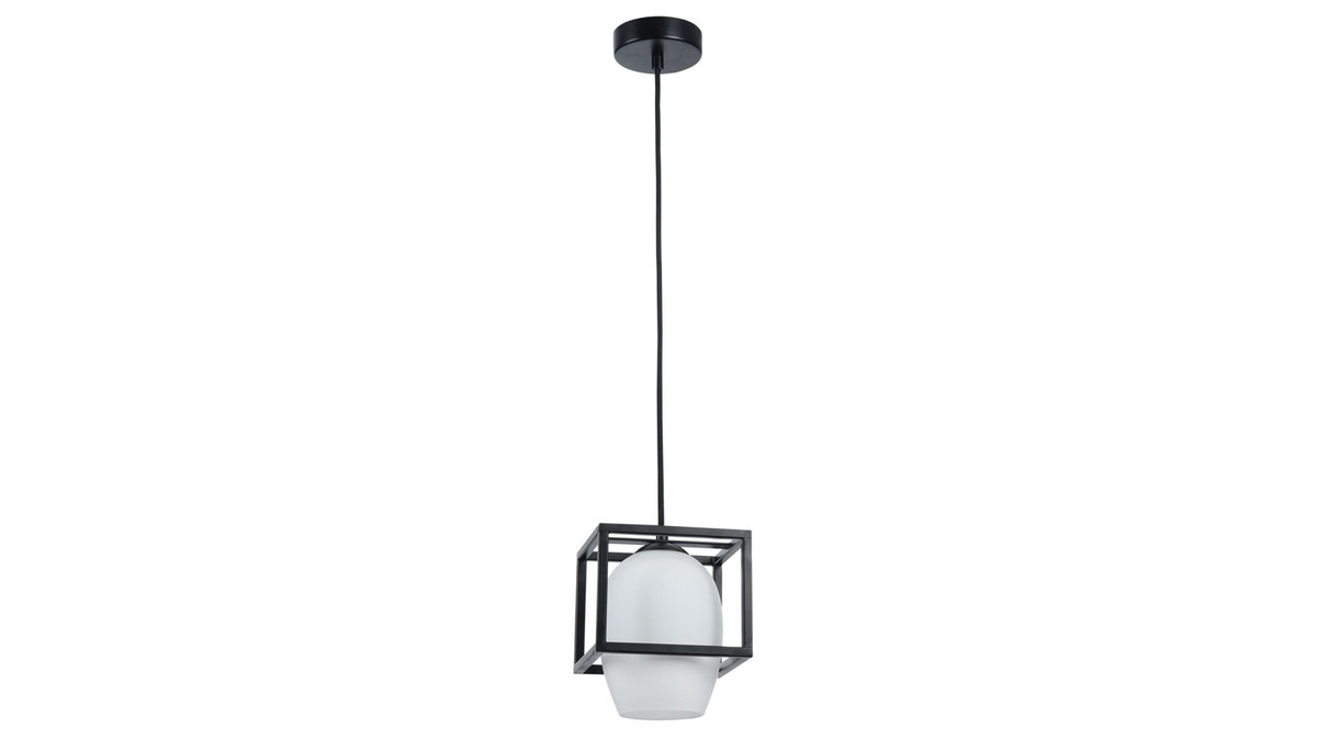Lampadario di design, in metallo, colore: Nero e globo in vetro smerigliato, modello: CABIN