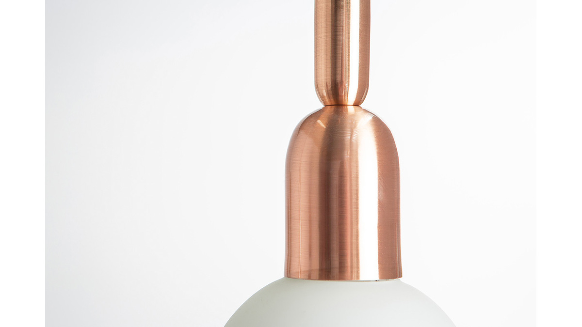 Lampadario di design, in metallo rosa dorato, e globo in vetro, modello: BULB