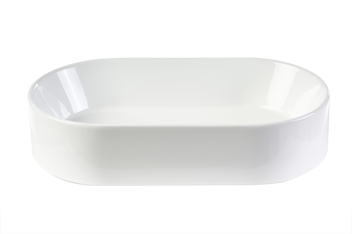 Lavabo ovale in ceramica bianca L52,5 cm YARA, vista frontale, finitura lucida.