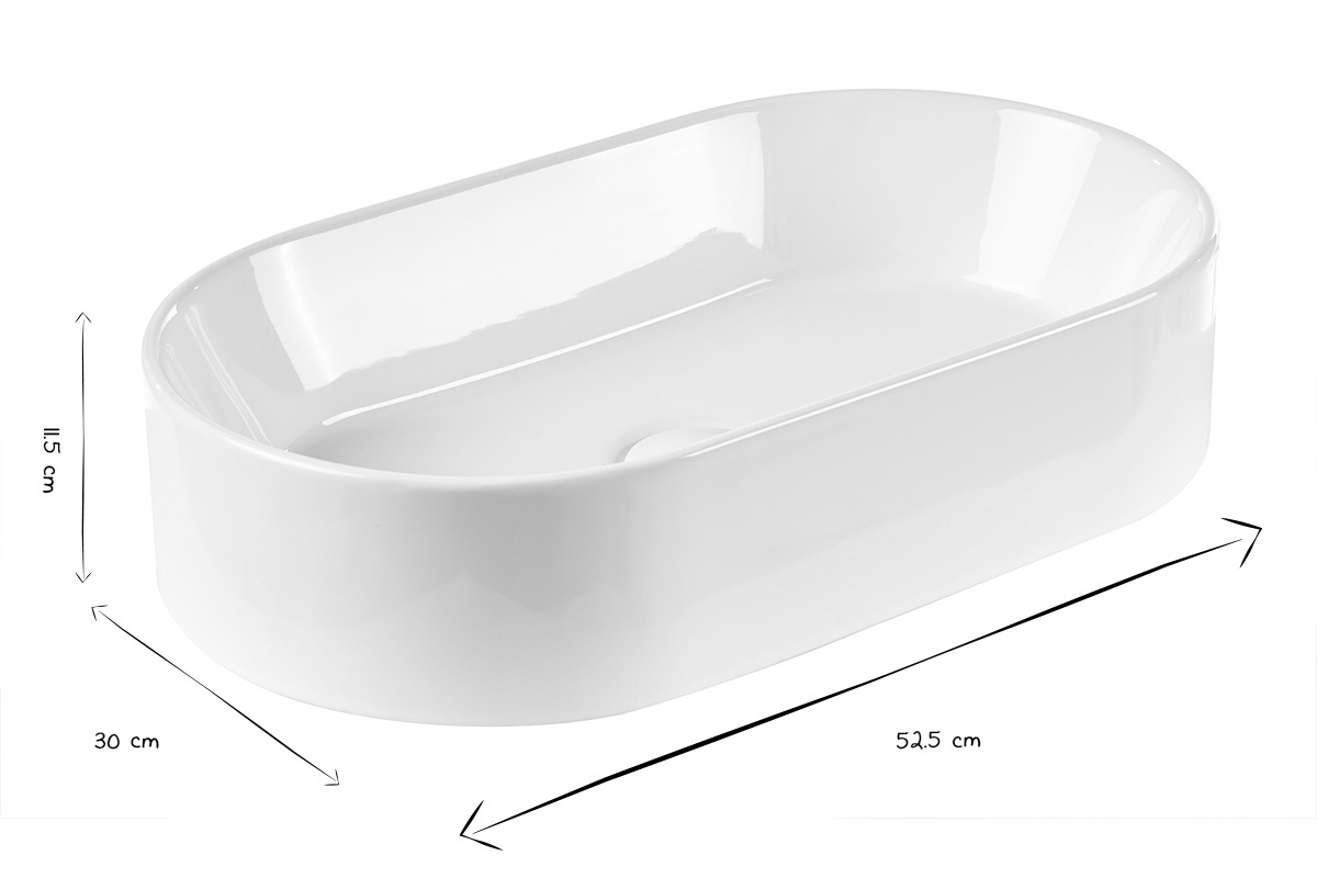 Lavabo ovale in ceramica bianca con dimensioni in bianco e nero: L52,5 cm, P30 cm, H11,5 cm.