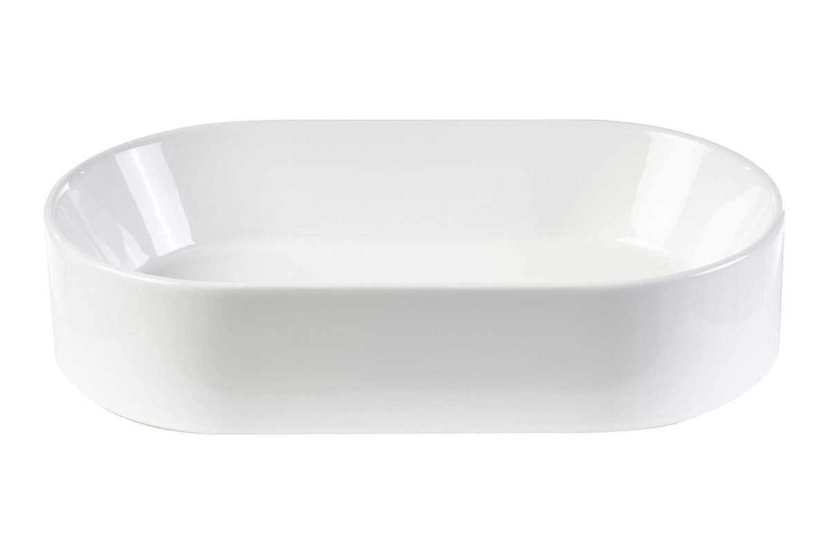 Lavabo ovale in ceramica bianca YARA visto frontalmente, dimensioni L52.5 x P30 x H11.5 cm.