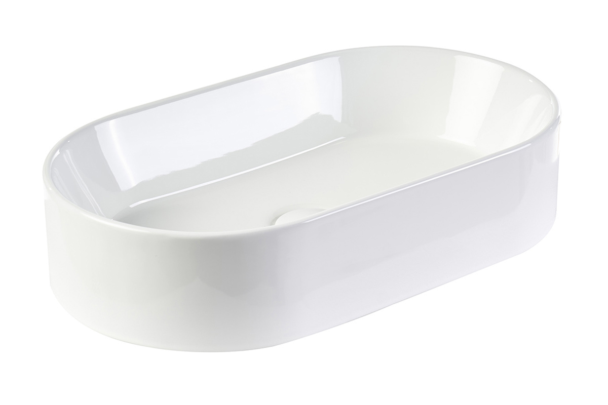 Lavabo ovale in ceramica bianca, vista a 3/4, dimensioni L52,5 cm, design minimalista.