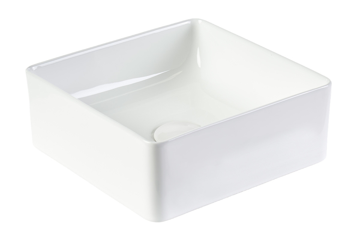 Lavabo quadrato in ceramica bianca, vista a tre quarti, dimensioni L30,5 cm.