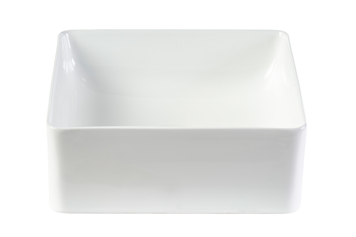 Lavabo quadrato in ceramica bianca visto frontalmente, dimensioni L30,5 x P30,5 x H12 cm.