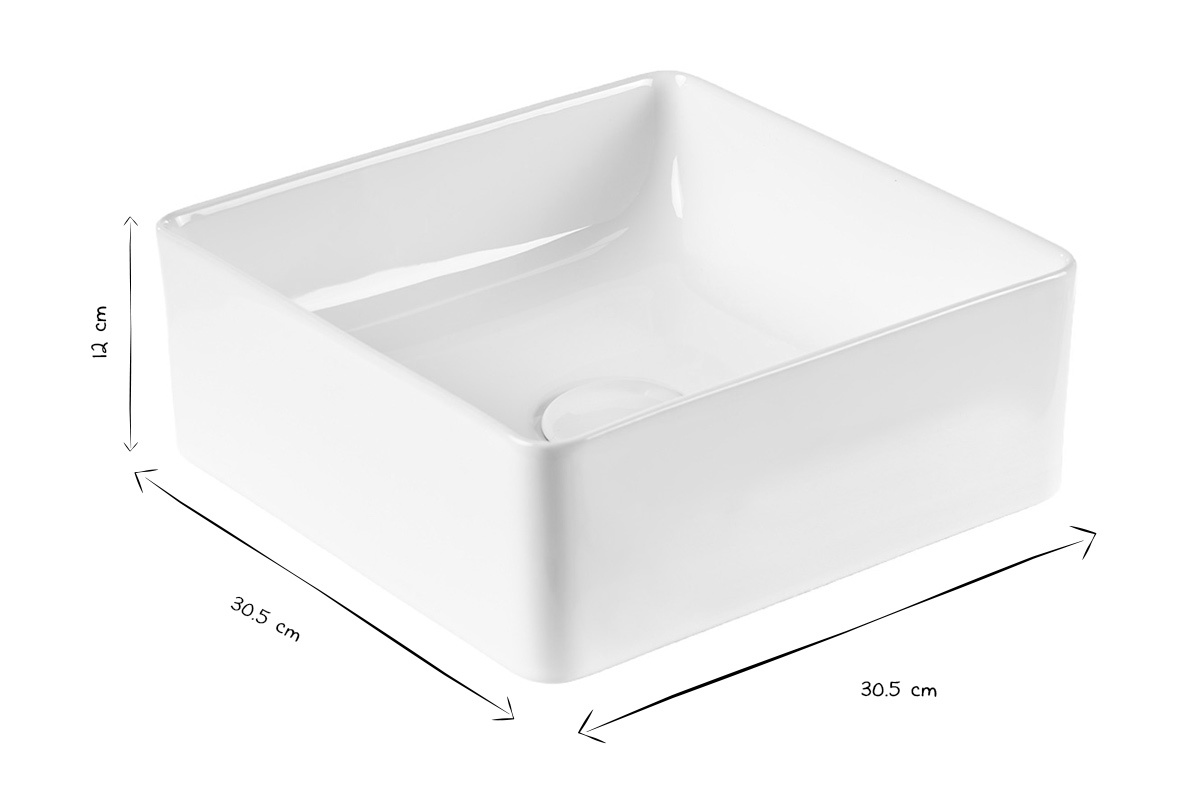 Lavabo quadrato in ceramica bianca L30,5 cm, dimensioni in bianco e nero: 30,5x30,5x12 cm.