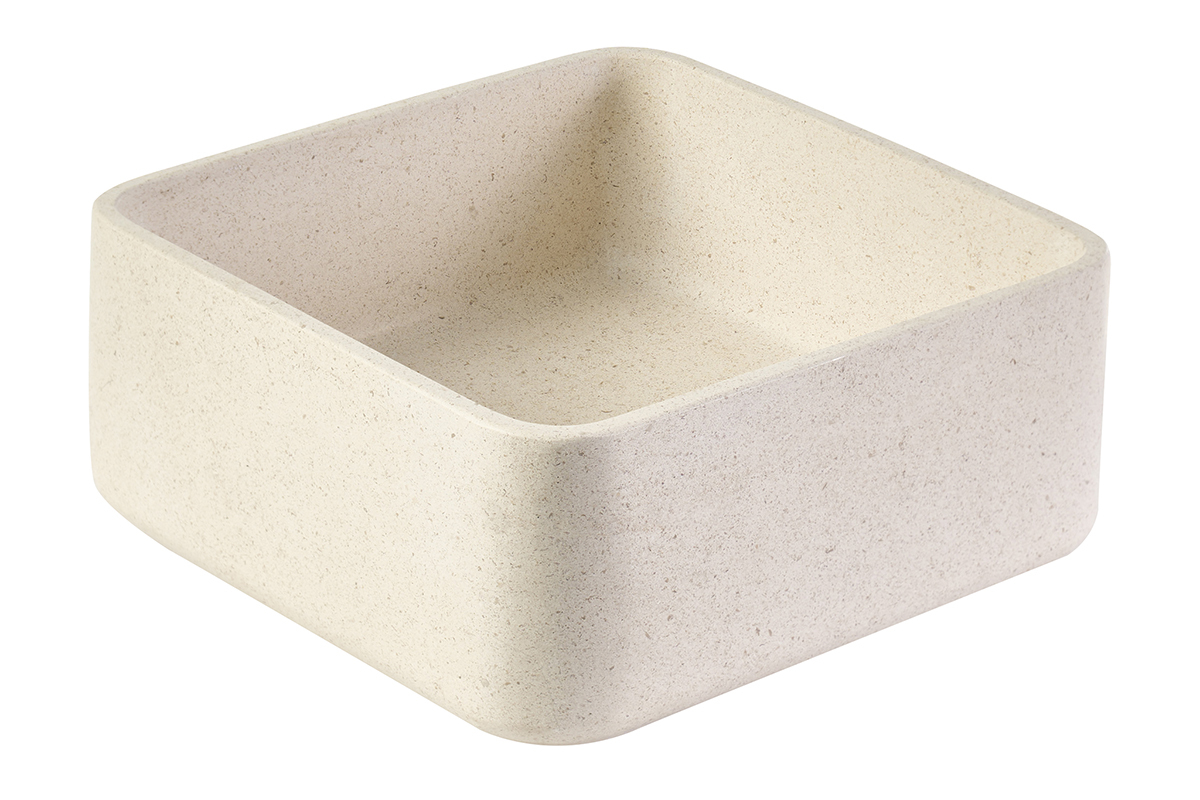 Lavabo quadrato in pietra naturale beige da 30 cm, vista 3/4 con angoli arrotondati.