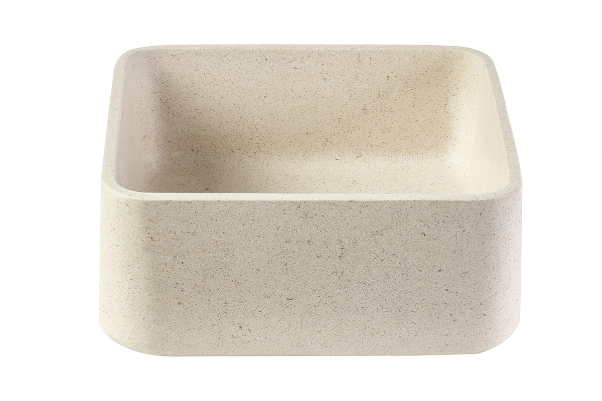 Lavabo quadrato in pietra naturale beige, vista frontale, angoli arrotondati.