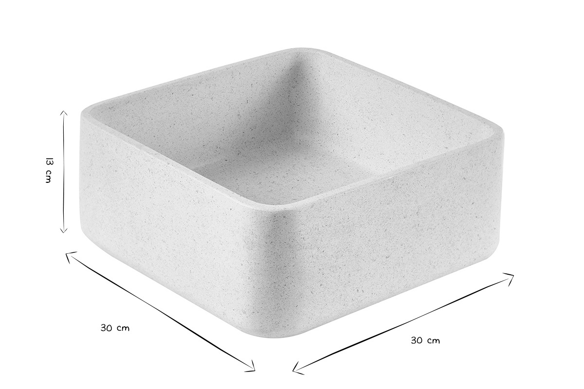 Lavabo quadrato in pietra naturale beige 30x30x13 cm, vista in bianco e nero, dimensioni visualizzate