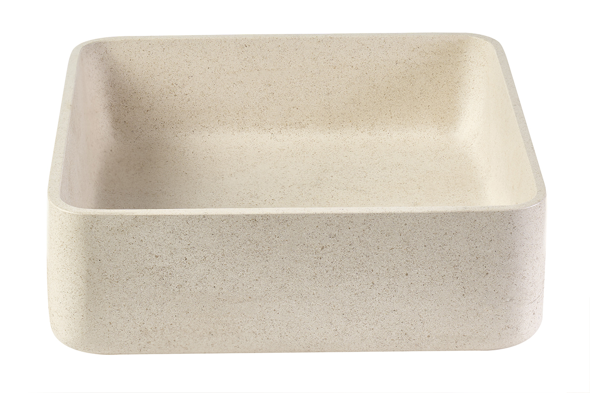 Lavabo quadrato in pietra naturale beige, vista frontale, design minimalista
