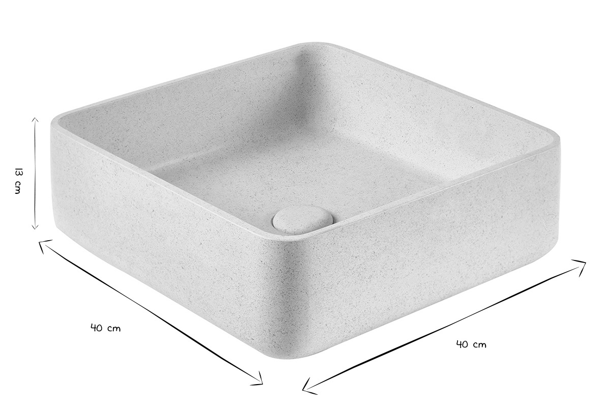 Lavabo quadrato in pietra naturale beige, dimensioni L40 x P40 x H13 cm, in bianco e nero.